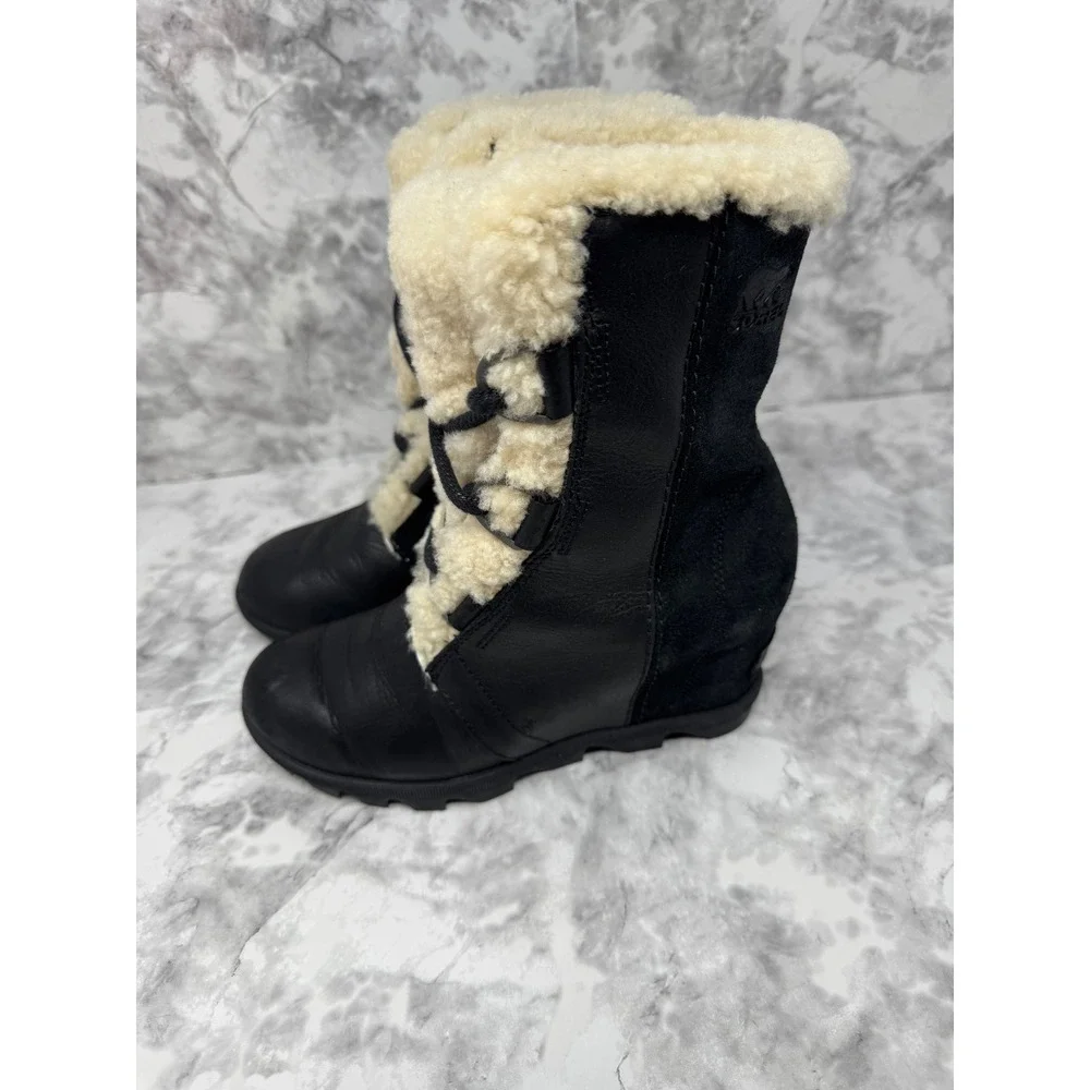 Sorel Joan of‎ Arctic 🖤Wedge II Shearling Black Leather Suede Boots sheep skin